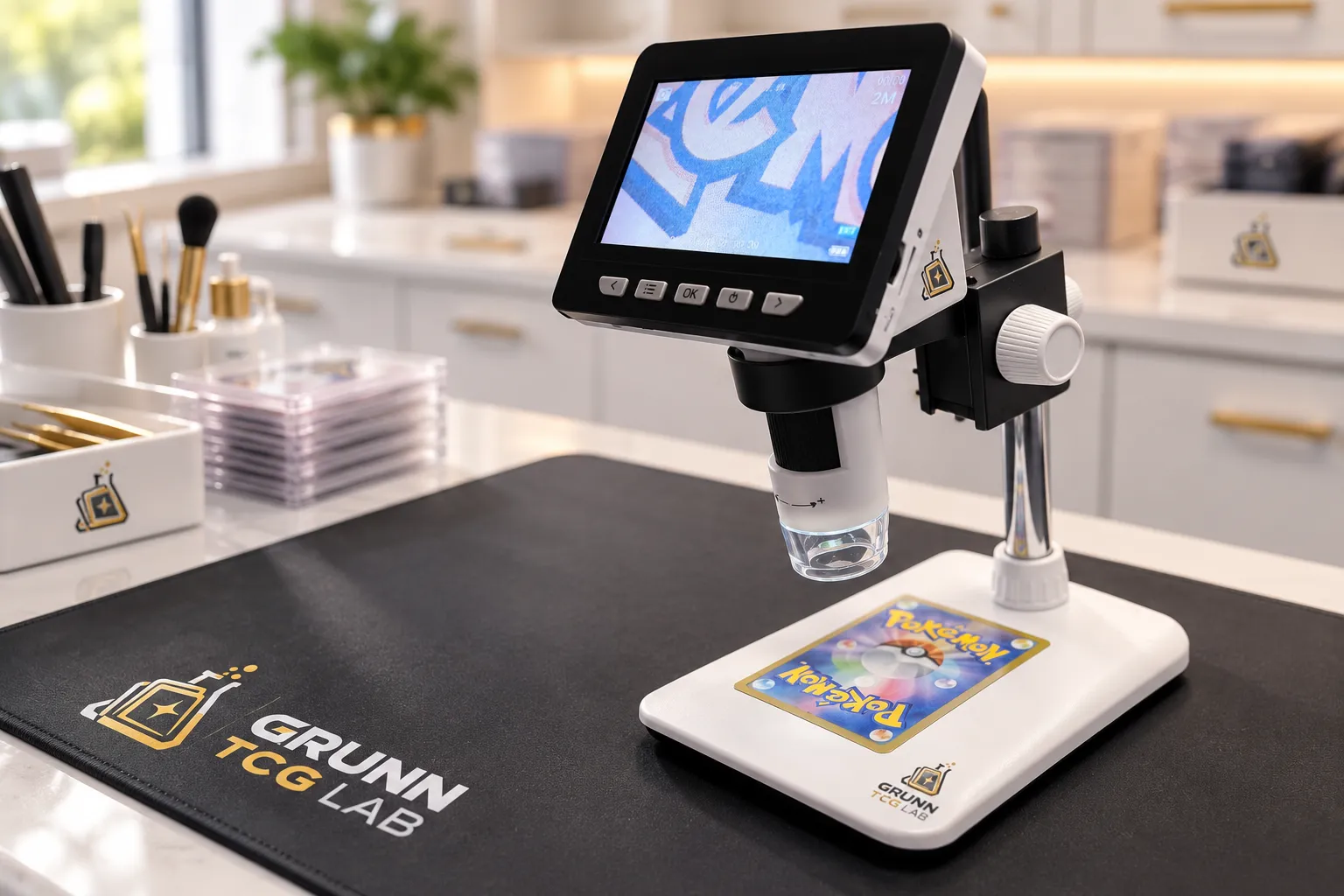 Werkbank met digitale microscoop voor kaartinspectie
